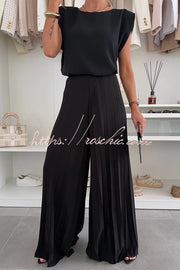 Ensemble pantalon large sans manches pour femme avec haut plissé