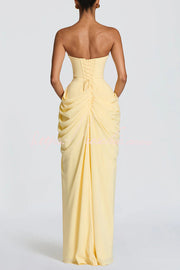 Chiffon Strapless Maxi Dress with Asymmetrical Pleats & Slit