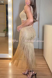 One Shoulder Knit Maxi Dress with Cutout Waist & Tassel Hem