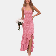 Floral Embroidery Mermaid Maxi Dress – Square Neck Gown