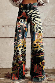 Printed Wide Leg Pants with Button Pocket – Loose Fit