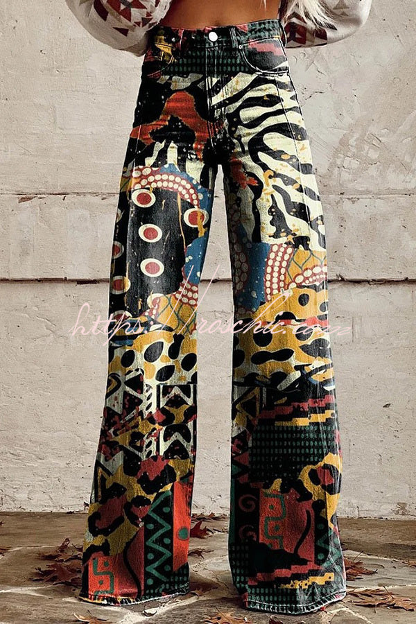 Printed Wide Leg Pants with Button Pocket – Loose Fit