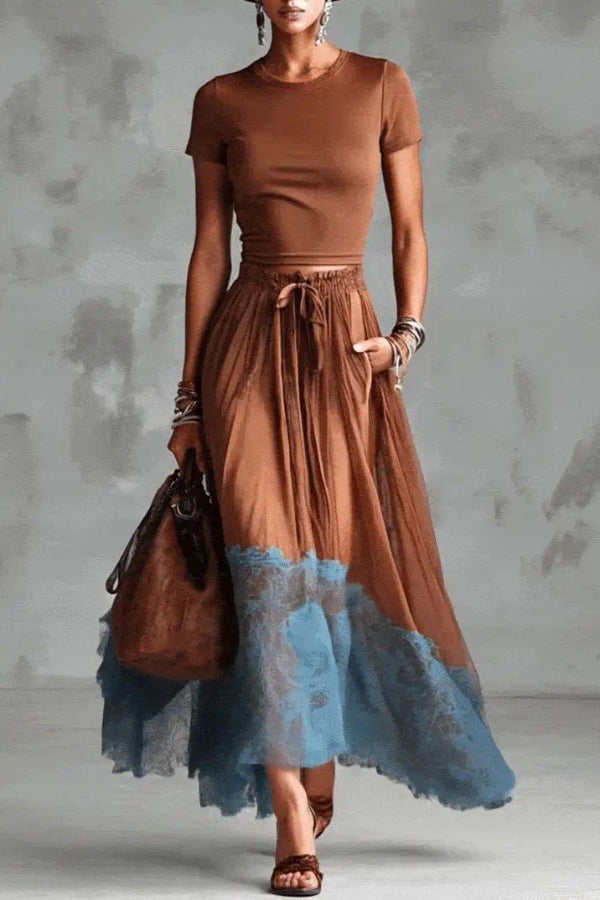 Round Neck Short Sleeve Top & Lace Hem Maxi Skirt Set