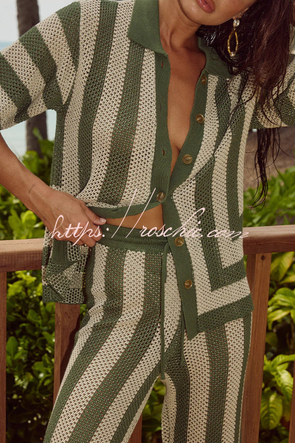 Knit Collared Short-Sleeve Top & Elastic Waist Pants Set