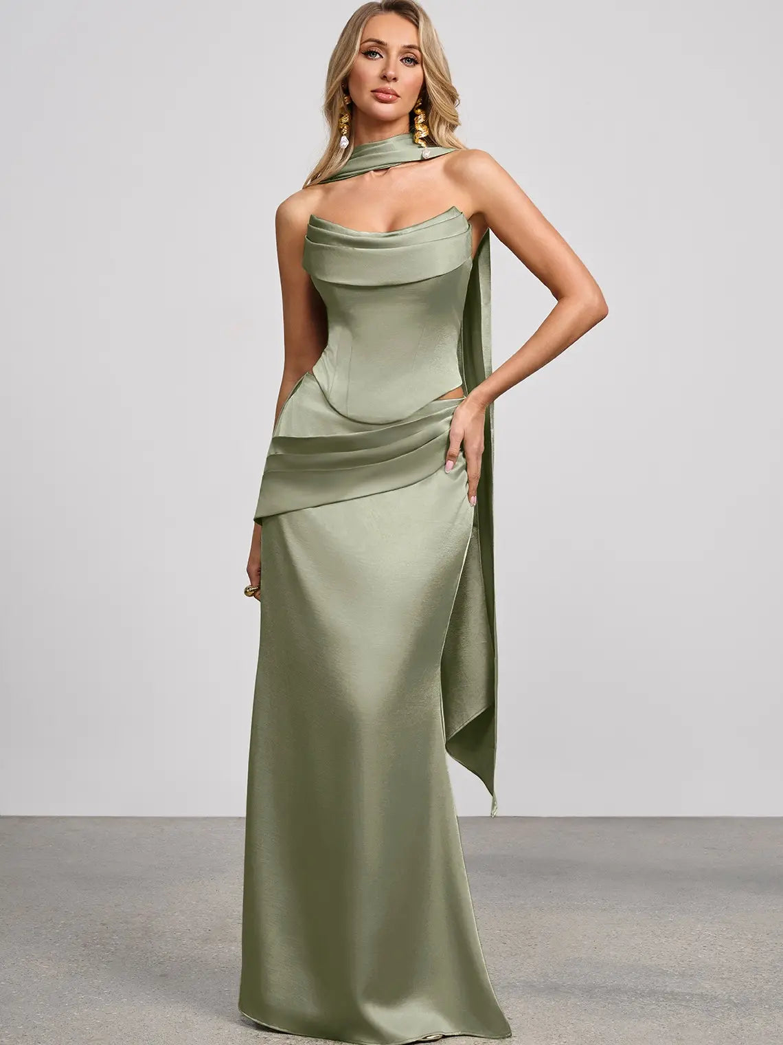 AZAZIE Sorrel Wedding Guest Gown for Women, 2-Piece Luminous Satin Mermaid Dress with Cowl Neck, Lace-up Corset Top & Chiffon Scarf, Gowns