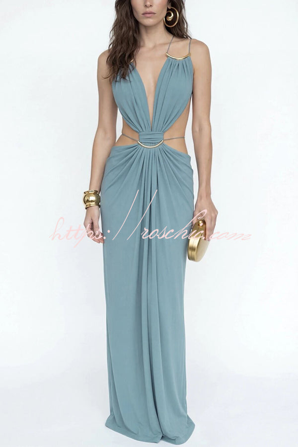 Metal-Link Cutout Back Lace-Up Drape Maxi Dress