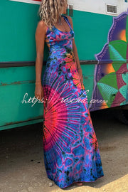 Tie-Dye Print Lace-Up Back Stretch Maxi Dress