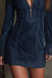 Embroidered Lace Patchwork Mini Dress – Slim Fit V-Neck
