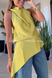 Satin Halter Top with Tie Neck and Open Back, Loose Fit