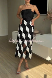 Backless Rhombus Print Midi Dress – Off Shoulder Slim Fit