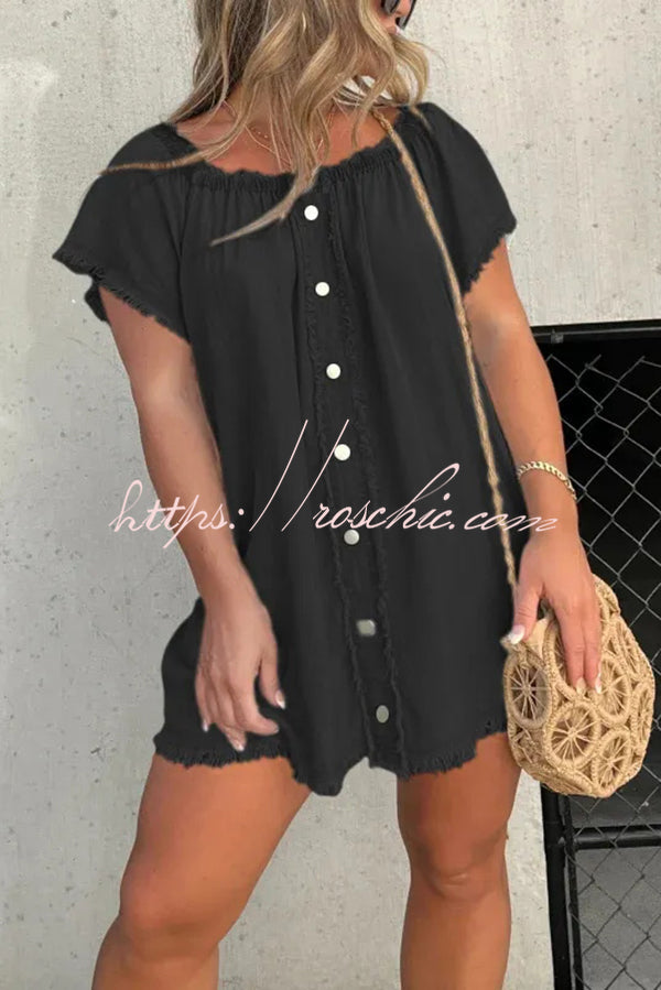 Off-Shoulder Denim Mini Dress – Loose Fit Short Sleeve