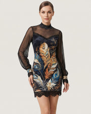 Lace-Trim Printed Mesh Mini Dress