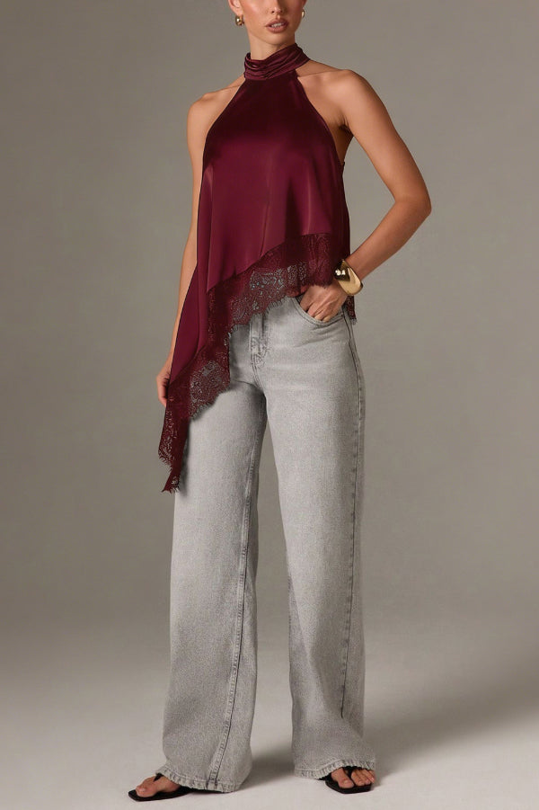 Satin Sleeveless Halter Top – Loose Fit Lace Hem