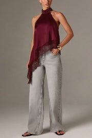 Satin Sleeveless Halter Top – Loose Fit Lace Hem