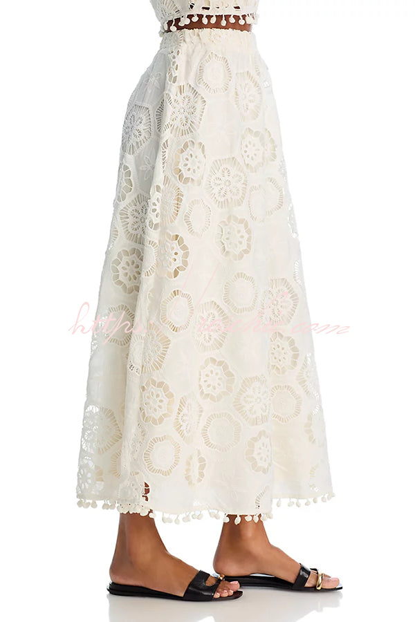 Embroidered Crochet Lace Tassel Trim Midi Skirt
