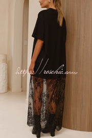 Lace Hem Maxi Dress – Loose Fit Short Sleeve Vacation Dress