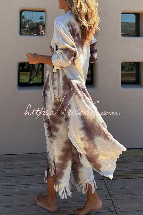 Cache-maillot kimono en mélange de lin tie-dye