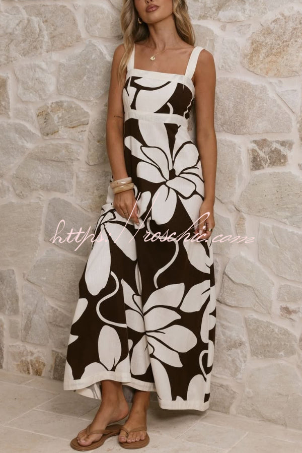 Color-Block Floral Print Square Neck Sleeveless Maxi Dress