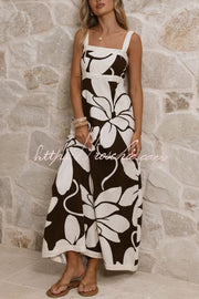 Color-Block Floral Print Square Neck Sleeveless Maxi Dress