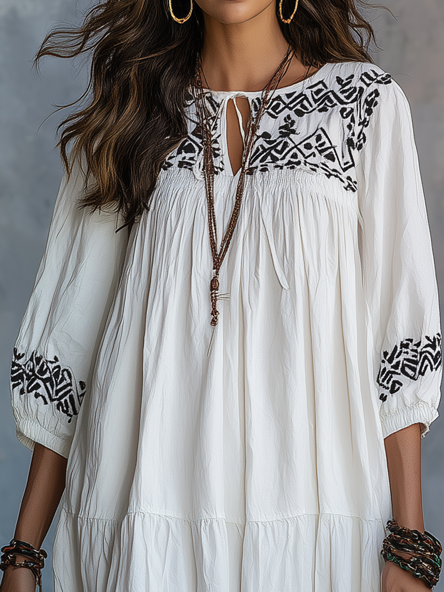 Ivory Embroidered Tiered Midi Dress with Short Sleeves