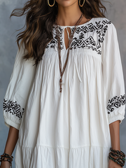 Ivory Embroidered Tiered Midi Dress with Short Sleeves