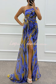 Watercolor Feather Print Off-Shoulder Chiffon Maxi Dress