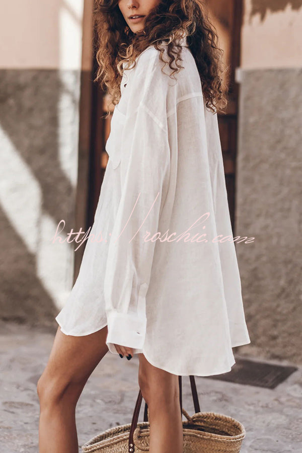Chemise surdimensionnée à manches longues en mélange de lin avec poches
