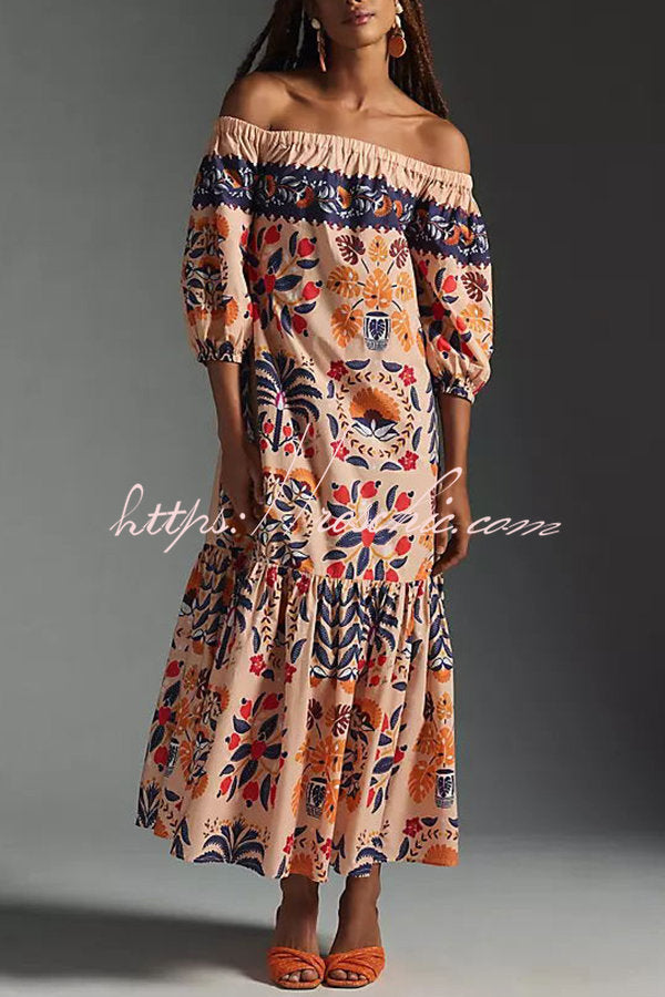 Printed Off-Shoulder Midi Dress with Pockets – Flowy Fit