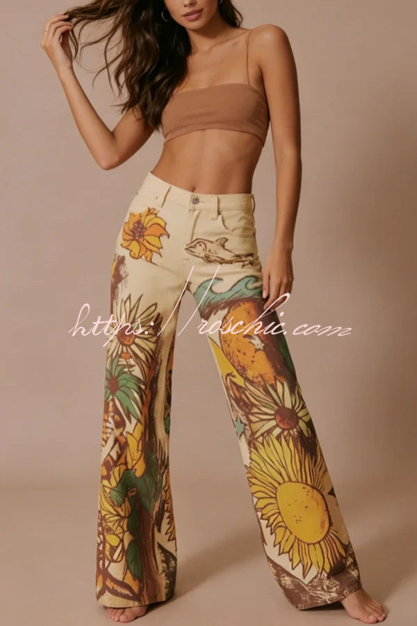 Doodle Print Wide Leg Jeans – Mid Rise, Loose Fit