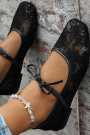 Sequined Embroidered Square-Toe Flat Shoes