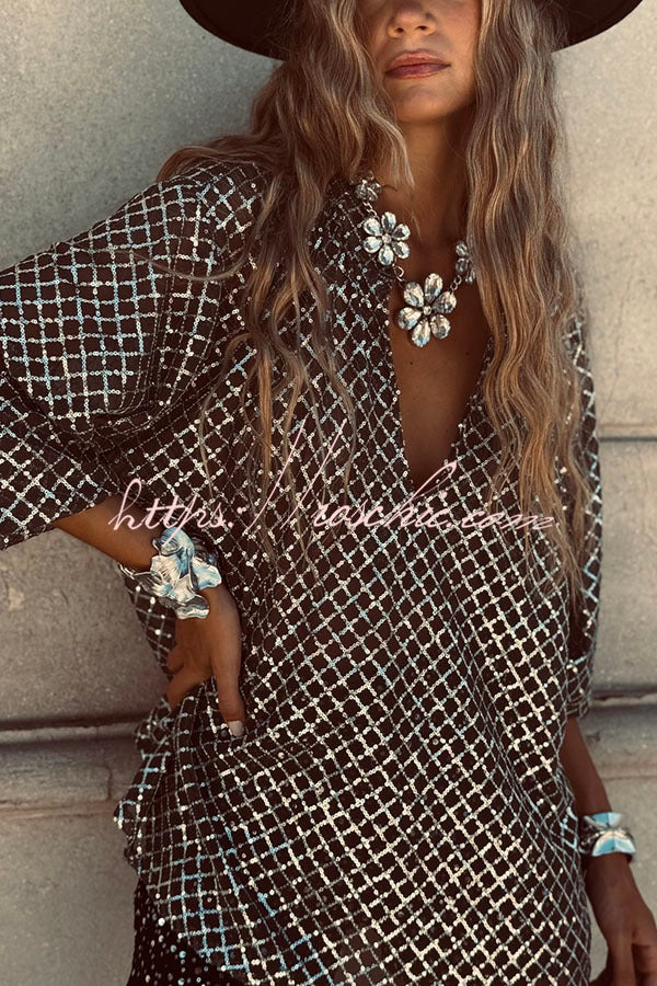Sequin V-Neck Half Sleeve Loose Party Top