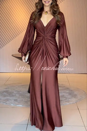 Satin Balloon Sleeve Twist Waist Maxi Dress with Slit