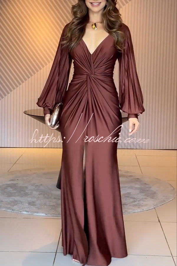 Satin Balloon Sleeve Twist Waist Maxi Dress with Slit