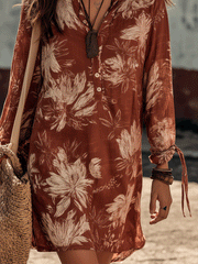Bohemian Floral Print Mini Dress in Cinnamon Brown