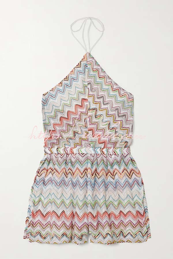 Knit Zigzag Halter Romper – Wide Leg Slit Loose Fit