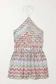 Knit Zigzag Halter Romper – Wide Leg Slit Loose Fit