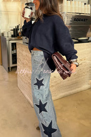 Women's Wide Leg Denim Jeans with Star Print Pockets
