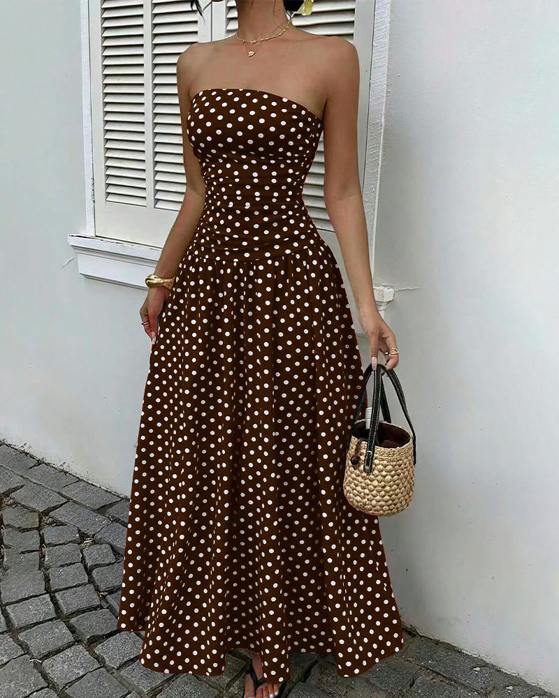 Vintage Polka Dot Strapless Ruffle Maxi Dress