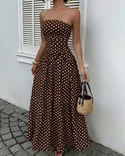 Vintage Polka Dot Strapless Ruffle Maxi Dress