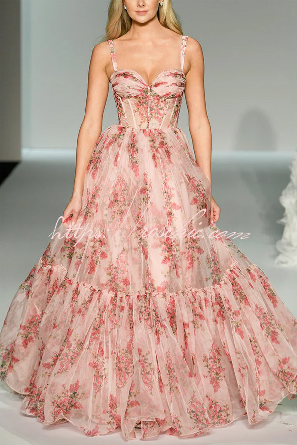 Robe longue trapèze à col en cœur et corset en tulle floral