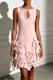 Pearl Trim Cutout Mini Dress with 3D Florals & Sleeveless