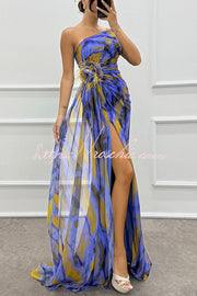 Watercolor Feather Print Off-Shoulder Chiffon Maxi Dress
