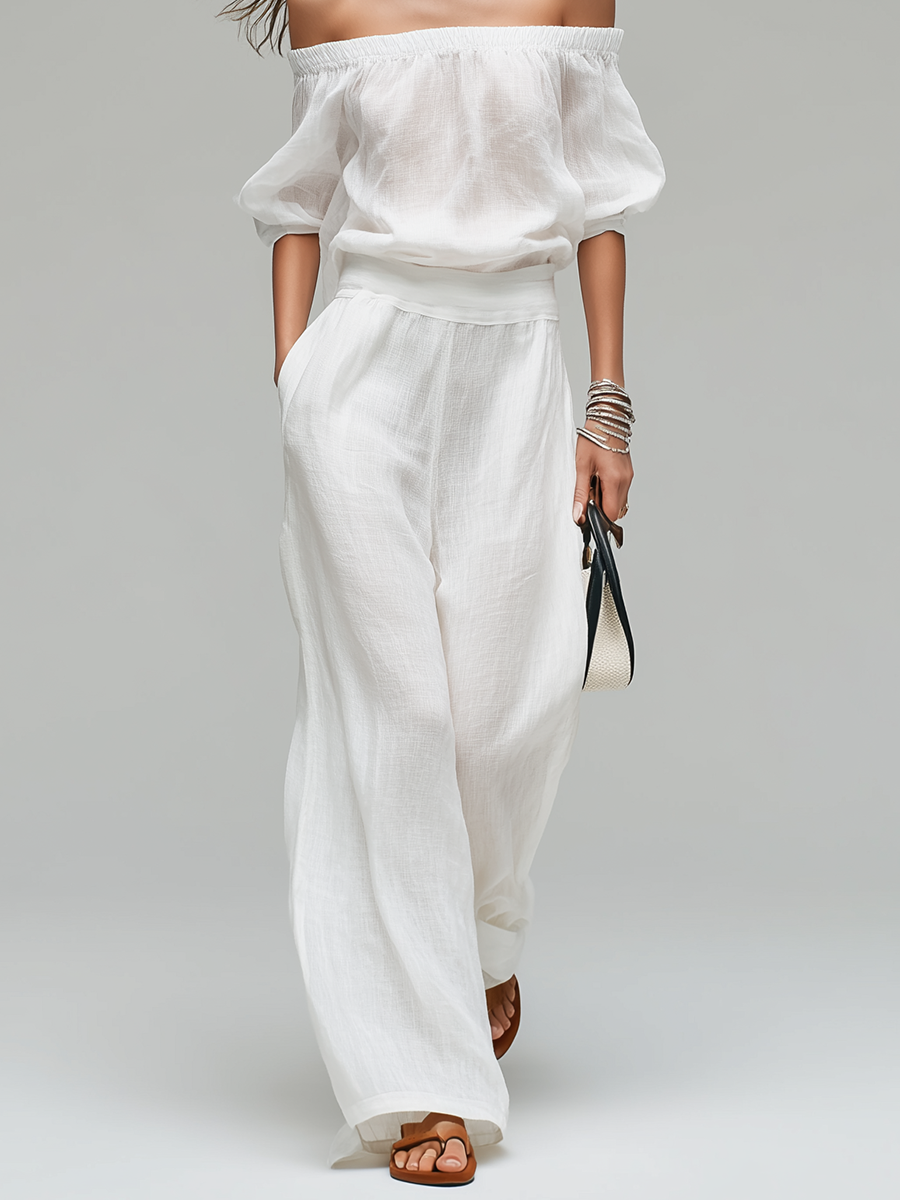 White Linen Blend Off-the-Shoulder Top & Wide-Leg Pants Set