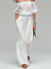 White Linen Blend Off-the-Shoulder Top & Wide-Leg Pants Set
