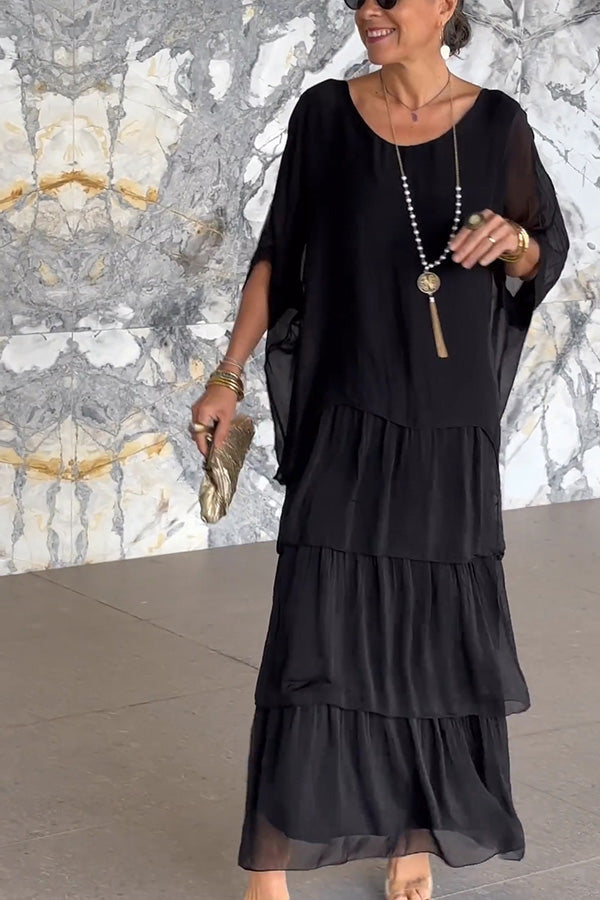 Chiffon Maxi Dress – Loose Tiered Batwing Sleeve Crew Neck