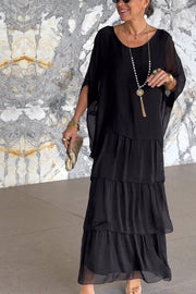 Chiffon Maxi Dress – Loose Tiered Batwing Sleeve Crew Neck