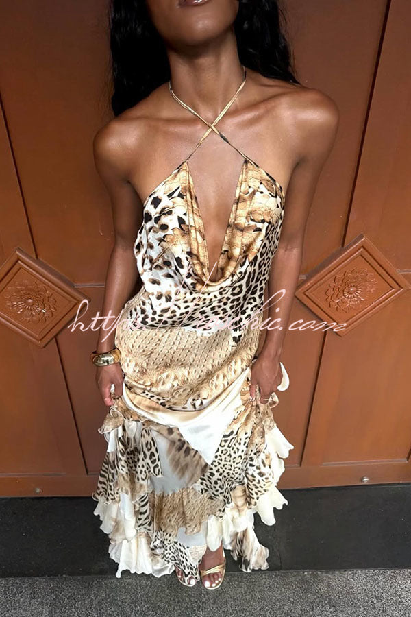 Coral Satin Leopard Print Halter Maxi Dress with Ruffle Hem