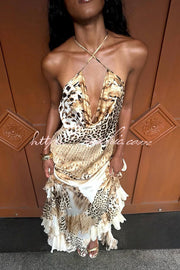 Coral Satin Leopard Print Halter Maxi Dress with Ruffle Hem