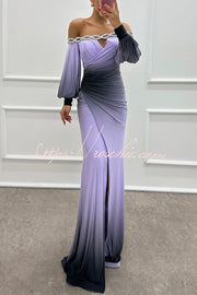 Gradient Print Off-Shoulder Maxi Gown with Gem Detail