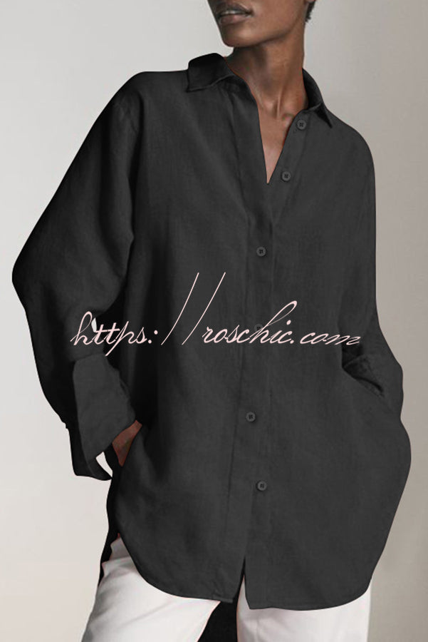Linen Blend Long Sleeve Loose Blouse | Casual Button-Up